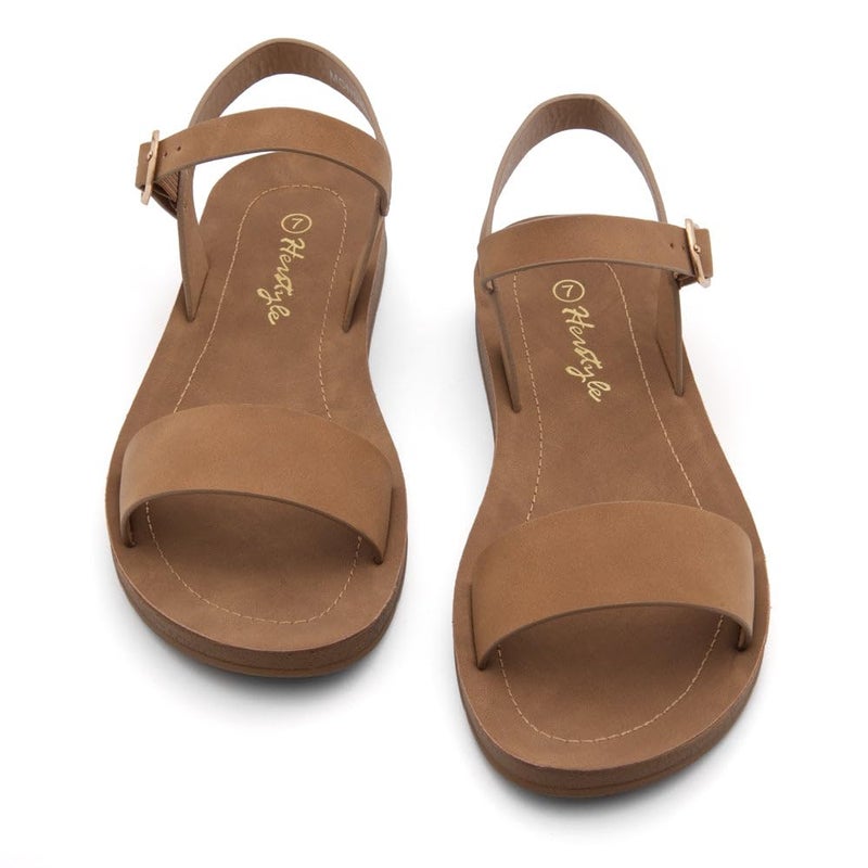 Herstyle Flat Sandals for Women â€“ Open Toe One Band Ankle Strap Summer Dressy Sandals, Lightweight Casual Strappy Slip-On Flats with Adjustable Buckle, Tan, Size 6.5, Monday - Image 5